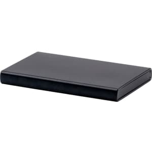 A black RFID case with a sleek, slim design and a smooth finish. It features a logo.