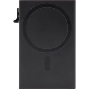 A black RFID case with a circular design and clip attachment. It features a sleek and minimalistic appearance.