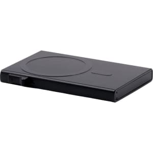 A black RFID case with a sleek design and a circular area on the surface, featuring a logo.
