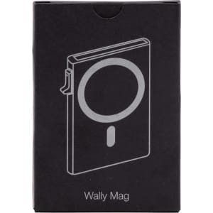A black packaging featuring a simple line drawing of the Wally Mag RFID case, with a logo on the front.