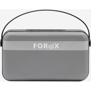 A rectangular grey wireless speaker with a black handle and a mesh front, featuring a logo on the front.