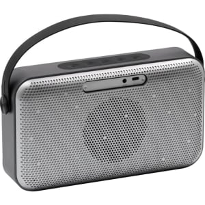 A premium wireless speaker in silver and black, featuring a handle and perforated metal design for enhanced sound.