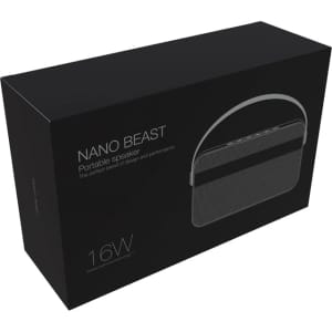 A black box containing the Nano Beast Premium Wireless Speaker, featuring a sleek design and carry handle.