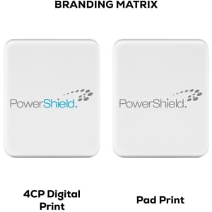 A white magnetic wireless power bank with a logo, featuring a smooth rectangular design.