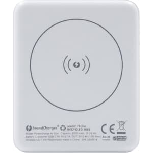 A white magnetic wireless power bank, 5000 mAh capacity, with a logo and a sleek, minimalist design.
