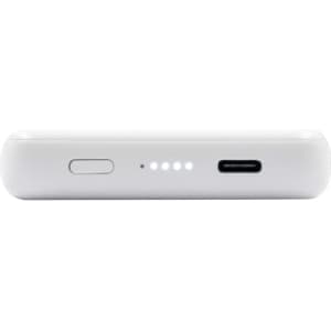 A white magnetic wireless power bank with a USB-C port and four LED indicator lights.