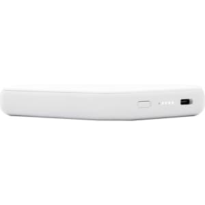 A white wireless power bank with a sleek design, featuring a USB-C port and an indicator light.