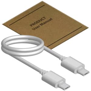 A white USB cable is coiled next to a brown user manual. The manual is labelled “Product User Manual.”