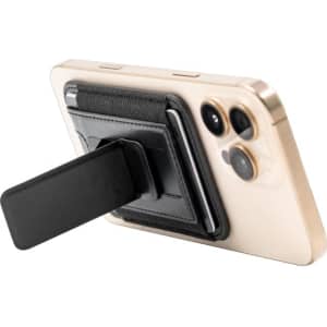 A phone with a black Wally Stand attached to its back, featuring a flat, extendable grip.