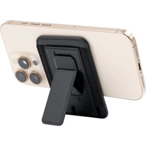 A phone with a black stand attached to the back, featuring a textured exterior. The phone is gold in colour.
