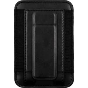 A black Wally Stand featuring a textured surface and a sturdy clip on the back.