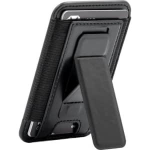 A black phone wallet with a stand feature, designed to hold cards and attach to a mobile device.