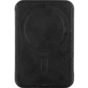 A black phone wallet with a circular magnet feature on the back. It has a textured surface and a simple design.