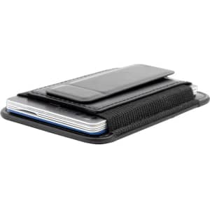 A card holder in black with an elastic band for secure storage of cards and a sleek design.