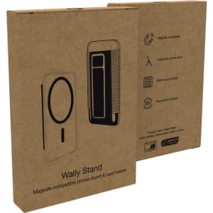 A phone stand and card holder packaged in a brown cardboard box, featuring a logo and product details.
