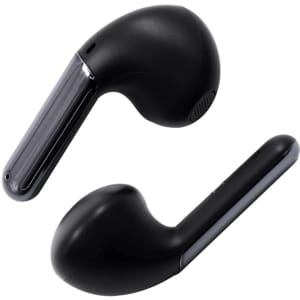 Black true wireless earbuds with a sleek design and a shiny finish, featuring a logo on the side.