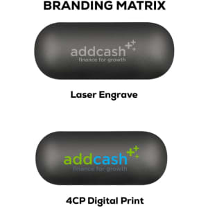 A black case for wireless earbuds featuring different printing options, including a laser engraving and a full-colour digital print.