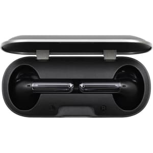 A pair of black true wireless earbuds stored in a black charging case with a silver hinge.