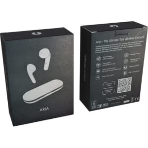 White wireless earbuds in a black box, featuring a logo and product information on the back.