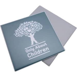 A square coaster in light blue featuring a tree design with icons and the text "Only About Children."