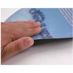 A hand resting on a blue ultra-thin PVC counter pad, featuring a logo and smooth surface.