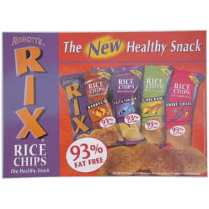 A colourful display of Arnott's RIX Rice Chips packets in various flavours, with a prominent logo and branding.