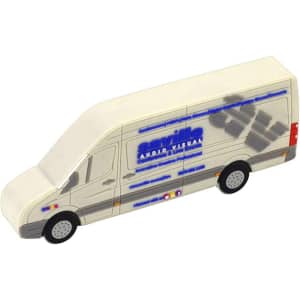 A cream-coloured van-shaped power bank with a logo, designed for charging devices on the go.