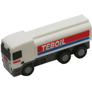 A white and grey toy truck with a red and blue logo. The truck resembles a fuel tanker design.