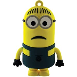A yellow minion-shaped power bank with a blue outfit and a surprised expression, featuring a logo on the front.