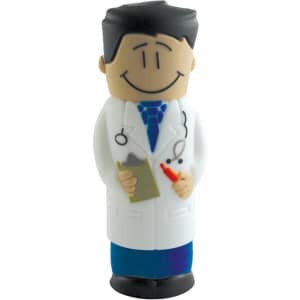 A cartoon doctor figure holding a clipboard and a syringe, wearing a white coat with a stethoscope.