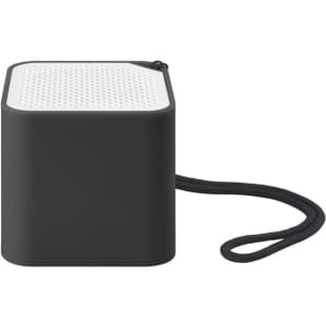 A compact black speaker with a white top featuring a textured design and a carrying strap attached.
