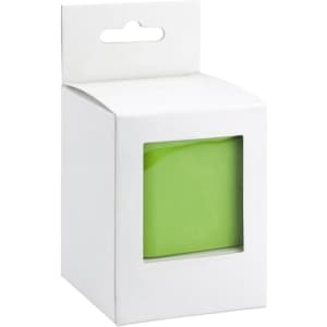 A green speaker in a white box with a transparent front panel, featuring a hanging tab at the top.