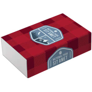 A red and white checkered box featuring a logo, designed for packaging.