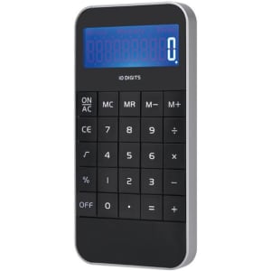 A black and silver calculator with a blue digital display, featuring 10 digits and various function buttons.