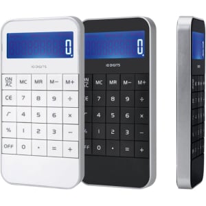 A set of two calculators, one white and one black, with a digital display and metallic sides, featuring a logo.