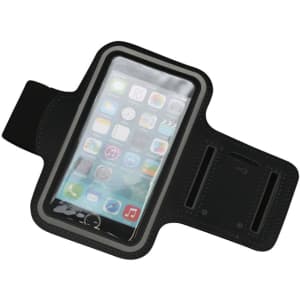 A black armband phone holder featuring a clear protective cover and openings for a secure fit.