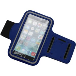 A blue armband featuring a clear protective cover for a smartphone, designed for ease of use and accessibility.