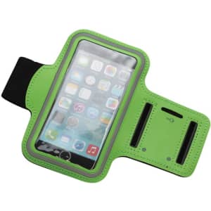 A green armband phone holder with a transparent front, featuring slots for cards and an adjustable strap.