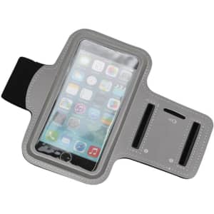A grey phone armband with a transparent screen cover and compartments for secure phone storage.