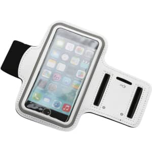 A white armband phone holder featuring a clear screen cover and adjustable strap, suitable for various phone sizes.