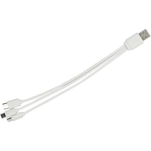 A white multi charge cable with a USB connector and three compatible charging ends. It has a branding logo.