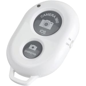 A white selfie button with two buttons labelled for camera functions and an on/off switch.