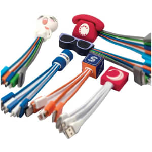 A collection of custom moulded charge cables in various colours, featuring playful shapes and a logo on some cables.