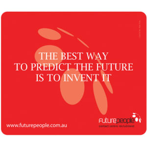 A red deluxe PVC mouse pad featuring an abstract design and a logo, with white text.