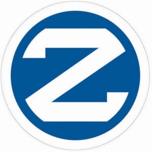 A blue circular mouse pad featuring a large white letter 'Z' in the centre and a logo.