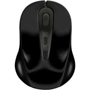 A black wireless mouse with a sleek design and an ergonomic shape. It features a central button and has a logo.
