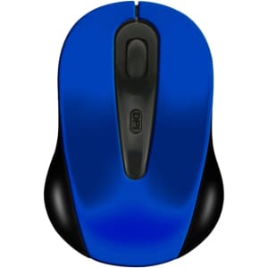 A wireless mouse in blue with black accents, featuring a central button and a smooth design.