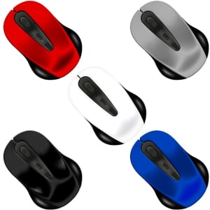 A collection of Nano II Wireless Mice in red, black, white, silver, and blue, featuring a logo on each device.