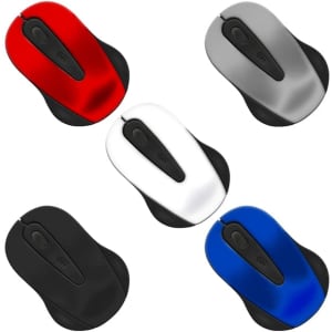 A wireless mouse available in red, silver, white, black, and blue. The design features a sleek, ergonomic shape.