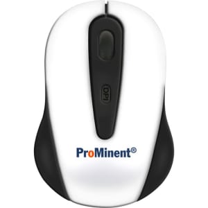 A wireless mouse featuring a white and black design, with a logo visible on the side.